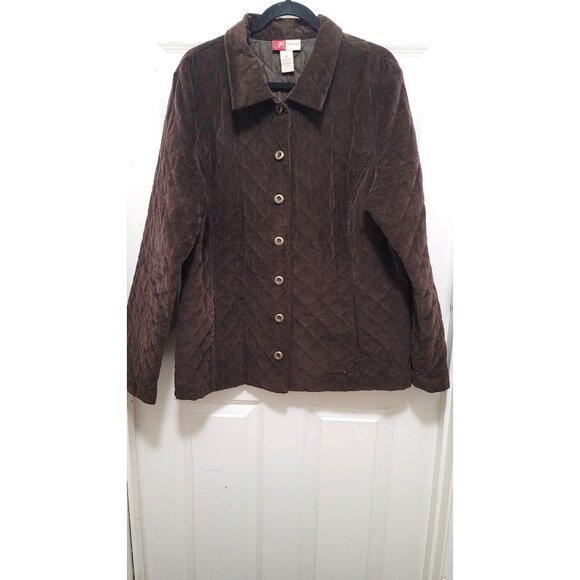 JM Collection Quilted Brown Corduroy Jacket With Button Front & Pockets Plus Si - Picture 2 of 11